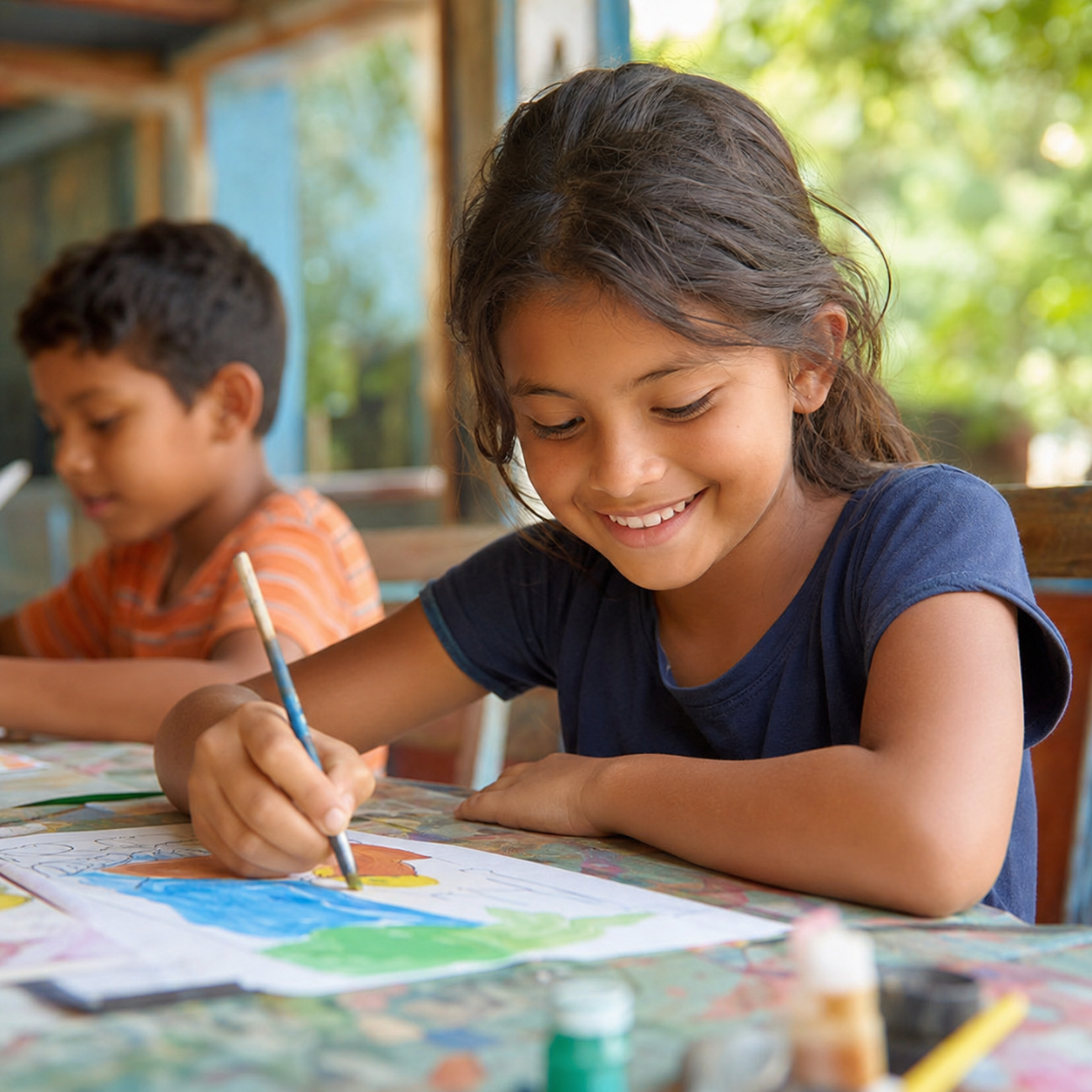 Niña participa en una actividad creativa de aprendizaje.