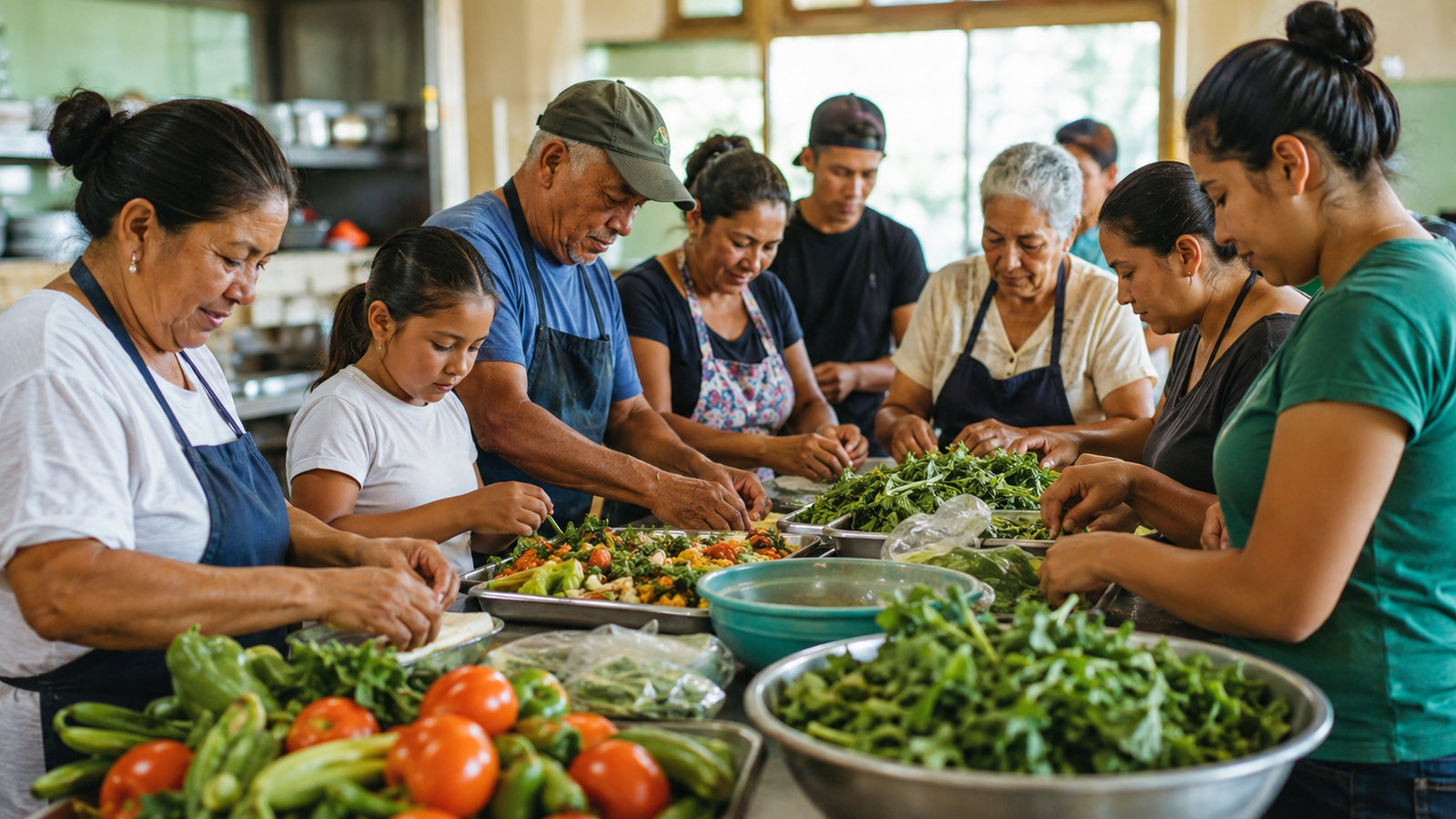 Personas de la comunidad preparan alimentos juntas.