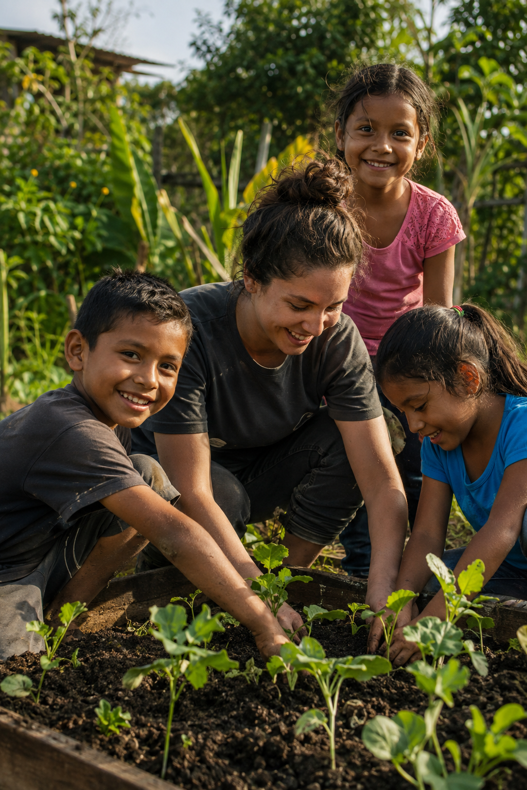 Niñas, niños y una voluntaria cuidan un huerto comunitario.