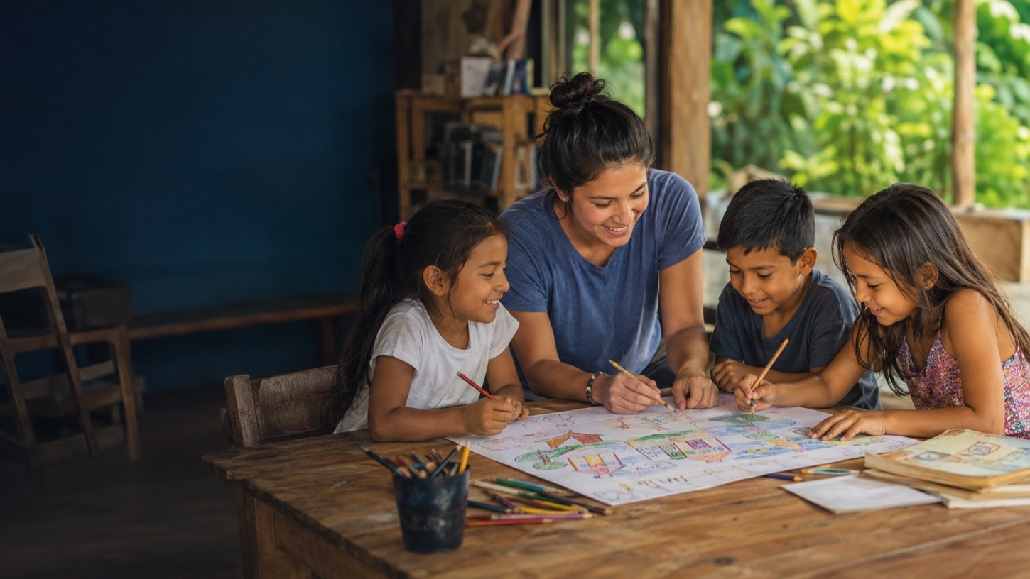 Estudiante colaborando con niñas y niños en una actividad comunitaria